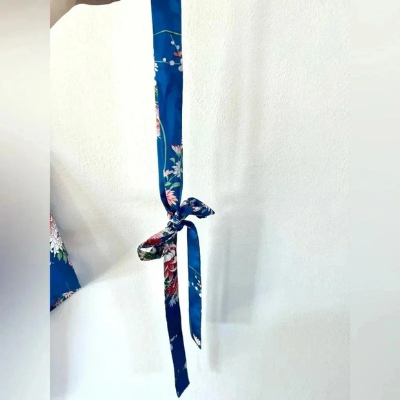 Vintage Blue Floral Satin Kimono Top & Wide Leg Pants Asian Boho 2 Piece Set - Picture 6 of 15